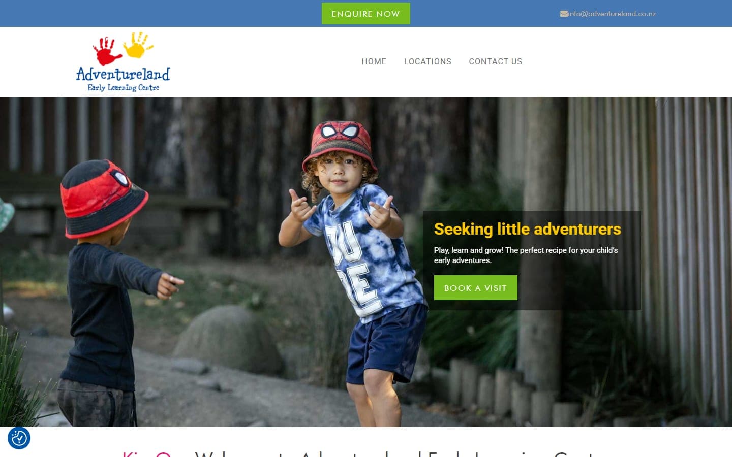 Homepage of the Adventureland website, showing the hand-print logo and navigation for the Ellerslie, Mt Roskill and Opaheke early learning centres