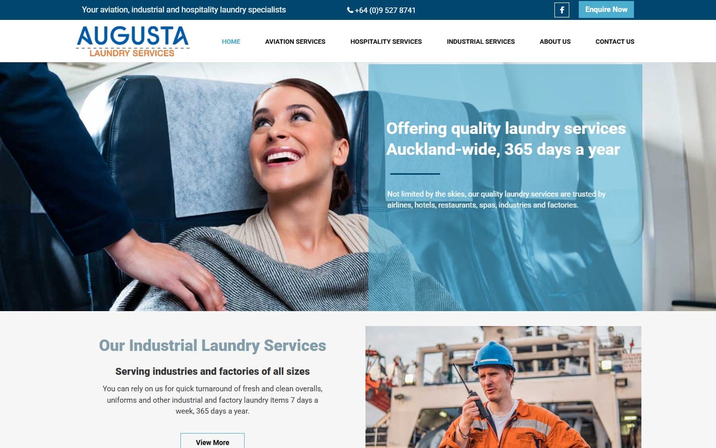 Homepage of the Augusta Laundry website, showing the aviation laundry hero image and the three service verticals in the main navigation