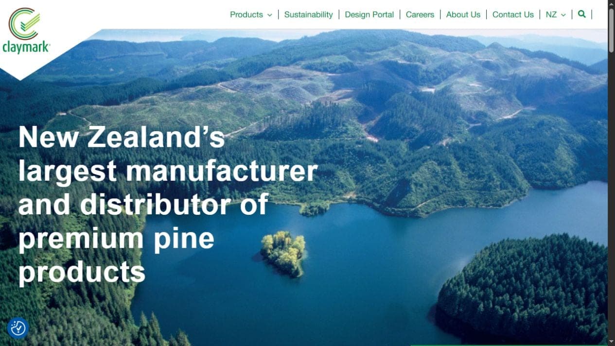 Homepage of the Claymark website, showing the tick-mark logo and Ingrained Precision brand messaging above the five product-brand strip