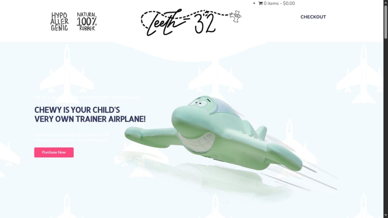Teeth 32 homepage showing the airplane teething toy, brand logo and product call to action